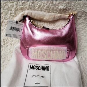 Moschino Metallic Leather Crystal-Logo Crescent Shoulder Bag